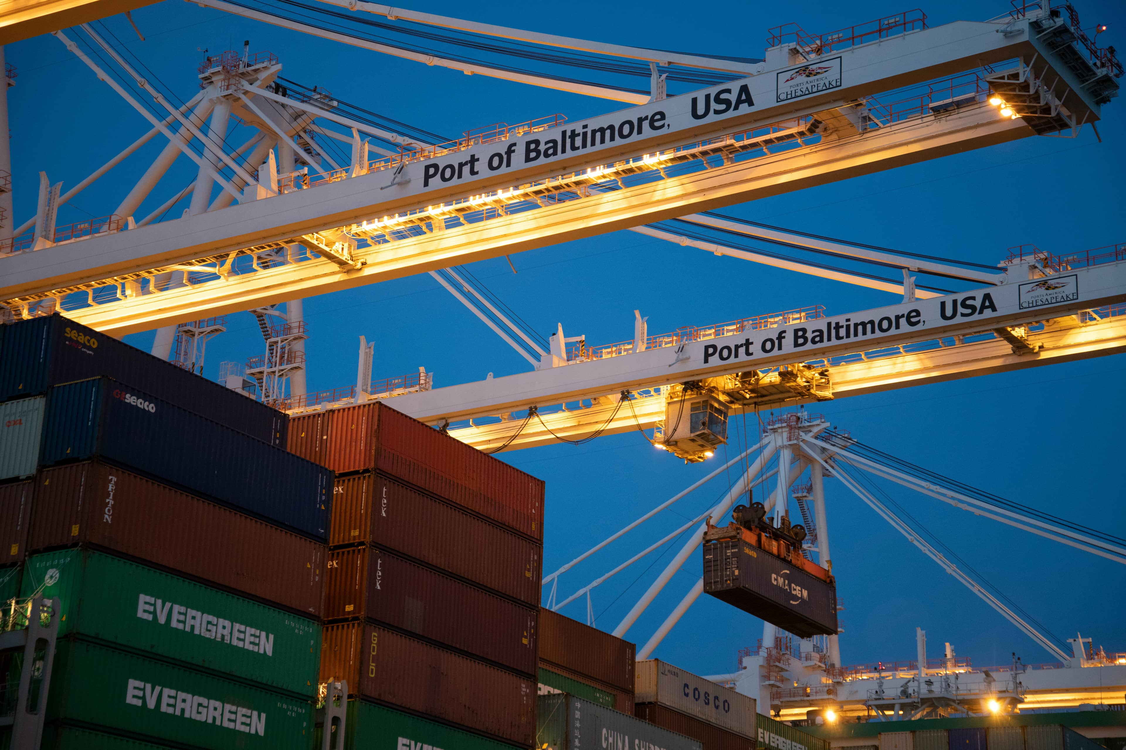 Gantry cranes loading containers at the Port of Baltimore